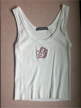 Brandy Melville White Ribbed Tank with Devil Embroidery